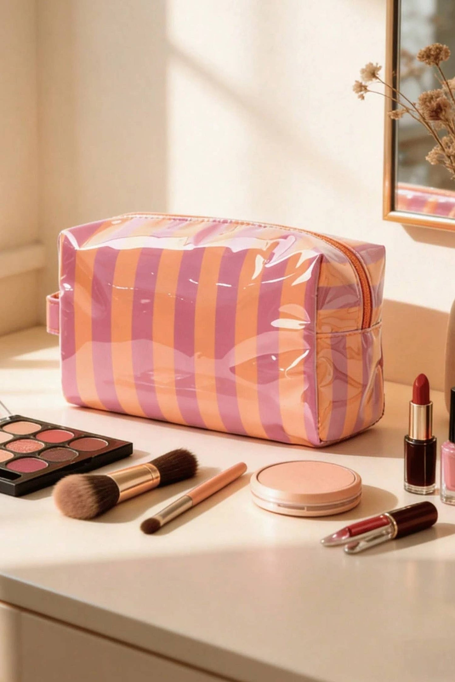 Striped Cosmetic Bag Durable Zipper Handle Travel Organizer