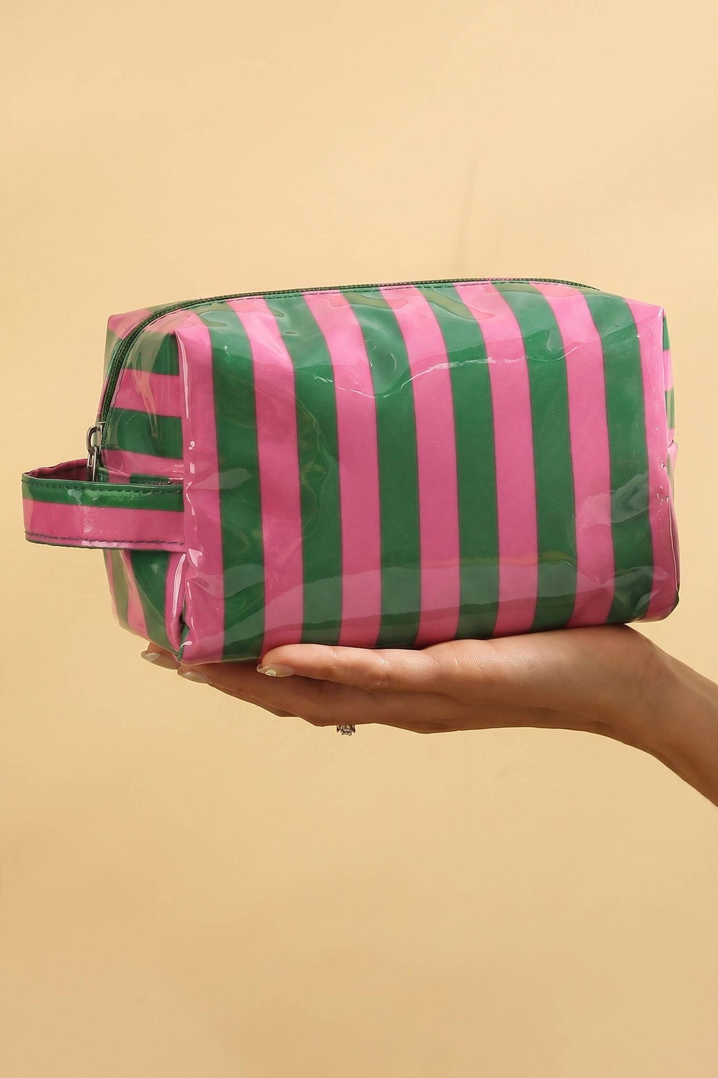 Striped Cosmetic Bag Durable Zipper Handle Travel Organizer
