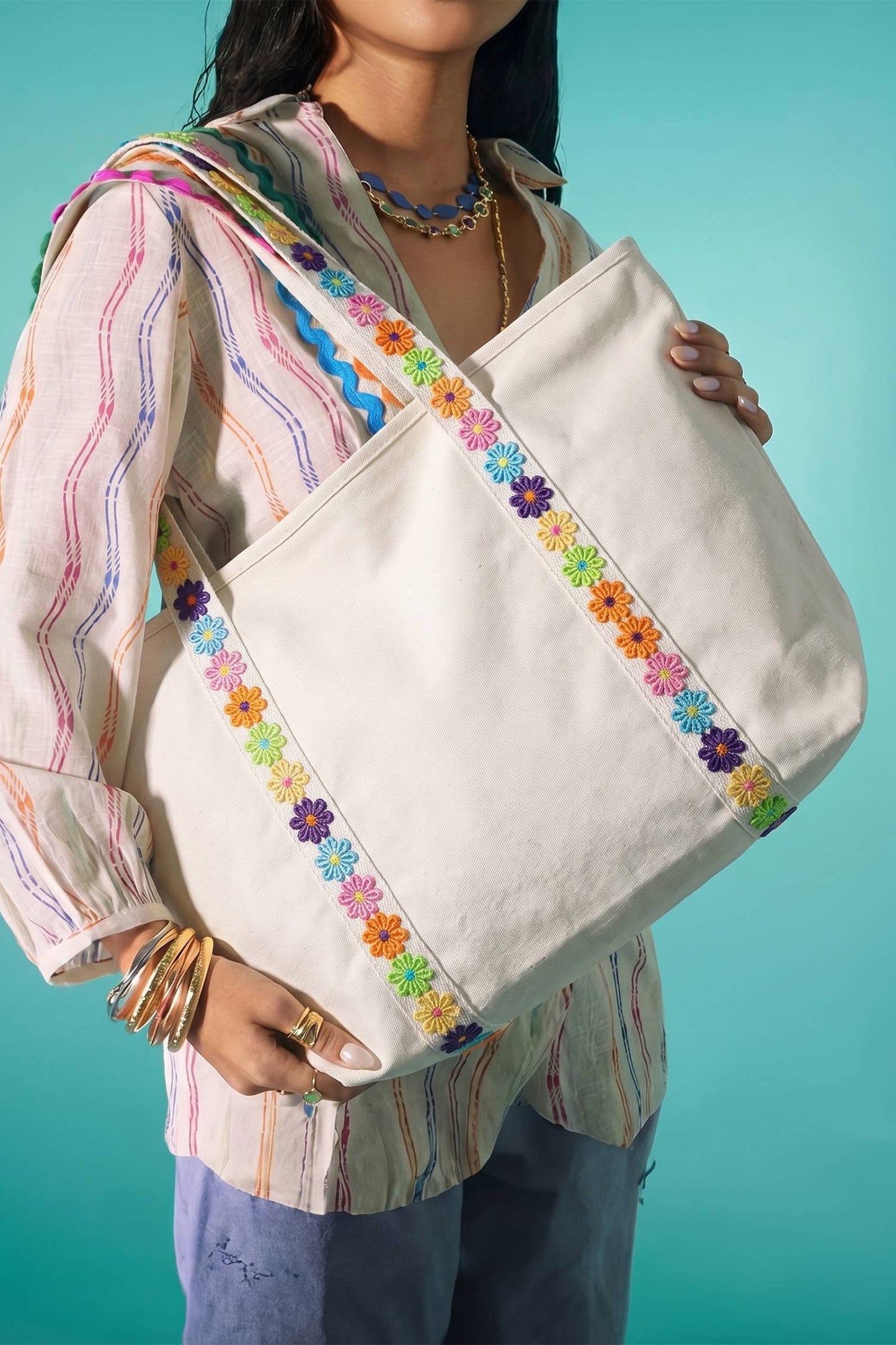 66 Colorful Ricrac-Trimmed Canvas Everyday Tote Bag