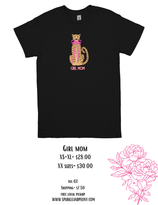 Girl Mom Leopard Bow Graphic Tee | Cute Mom Shirt | Black Gildan Softstyle Unisex T-Shirt