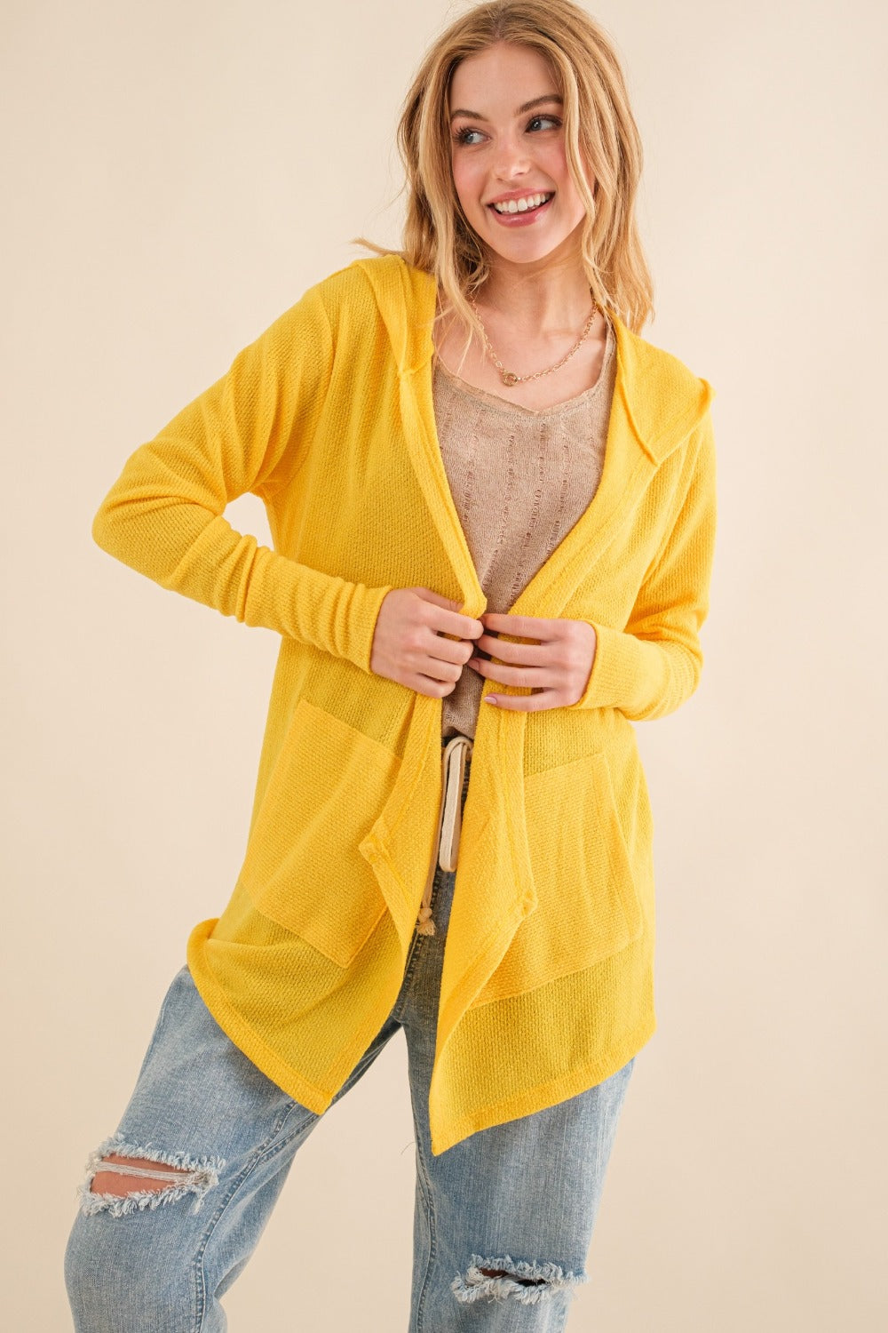 And The Why Full Size Thermal Hooded Open Front Cardigan with Pockets