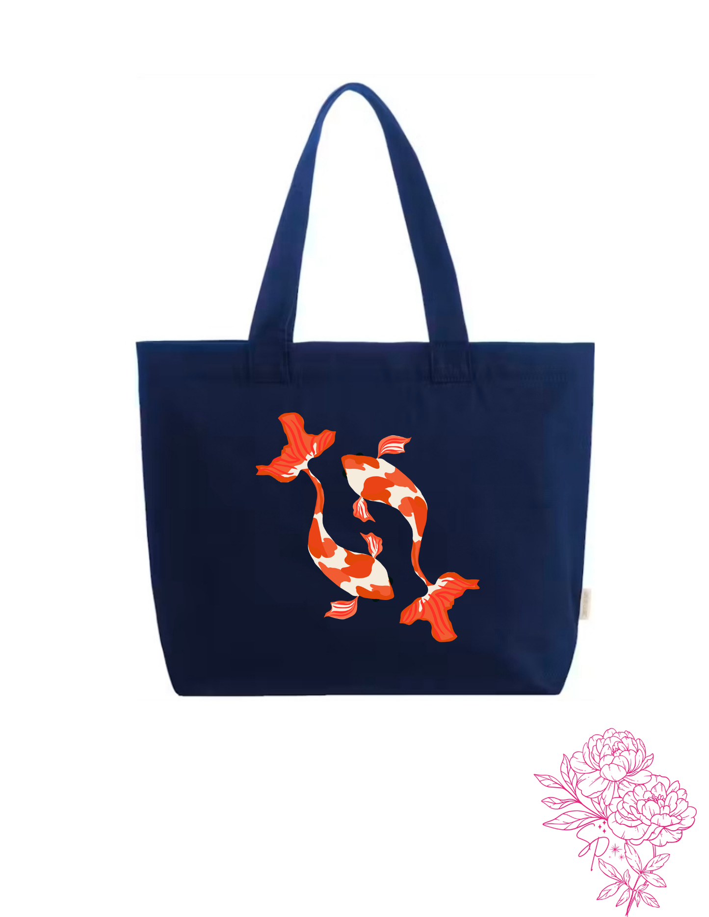 Navy Koi Fish Tote Bag | Orange & White Canvas Shoulder Tote