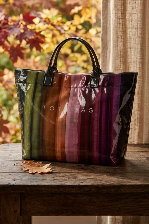 SC - ETA 9/30-10/14 Dark Multicolor Striped Vinyl TOTE BAG