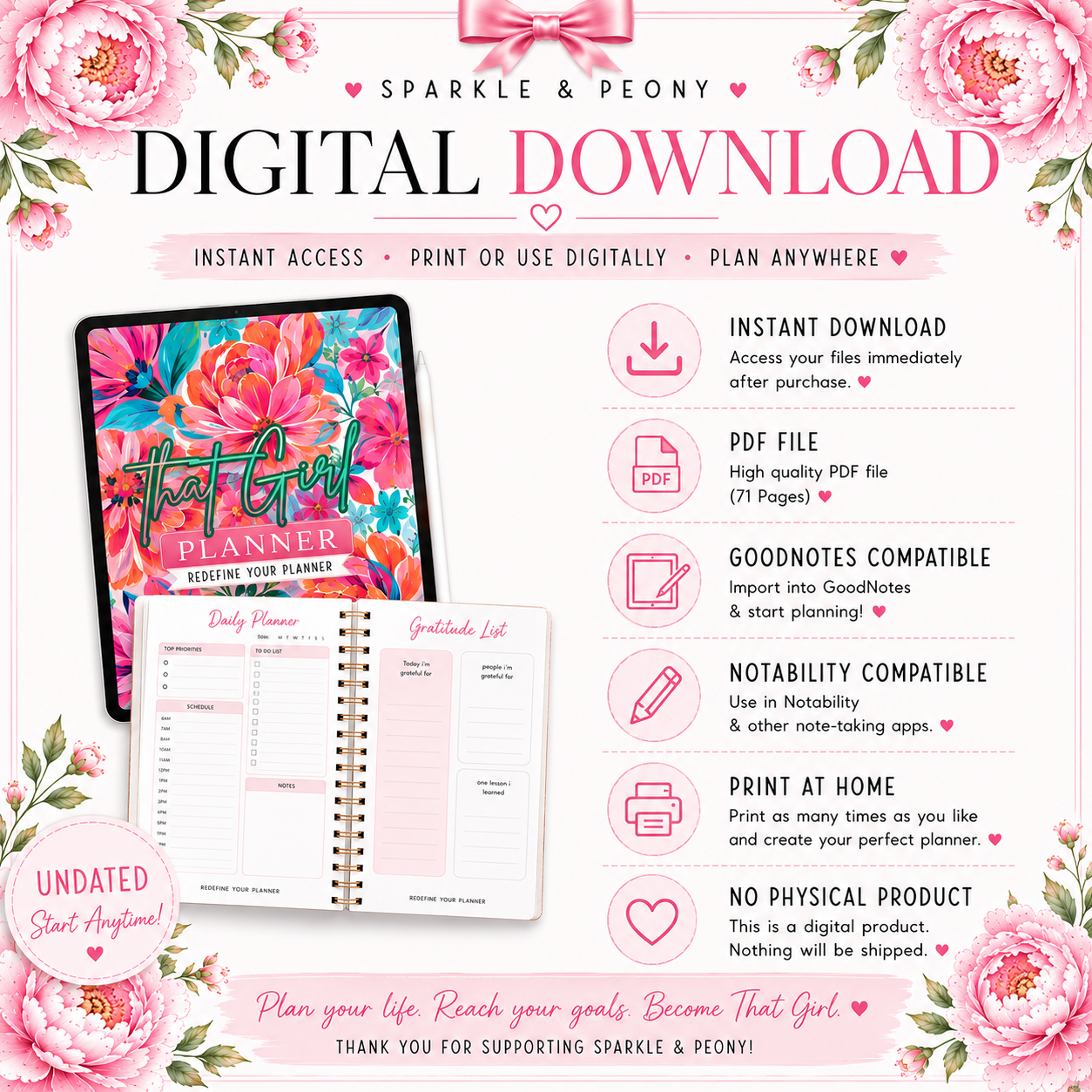 That Girl Undated Digital Planner | Printable PDF | GoodNotes Planner | 71 Pages