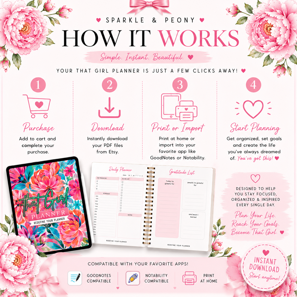 That Girl Undated Digital Planner | Printable PDF | GoodNotes Planner | 71 Pages