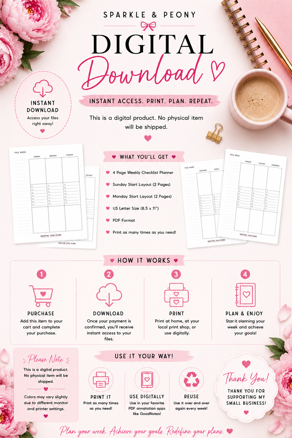 Weekly Checklist Planner Printable PDF | Undated Weekly Planner | Sunday & Monday Start | Instant Download