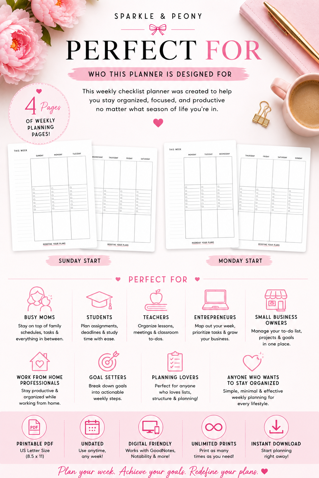 Weekly Checklist Planner Printable PDF | Undated Weekly Planner | Sunday & Monday Start | Instant Download