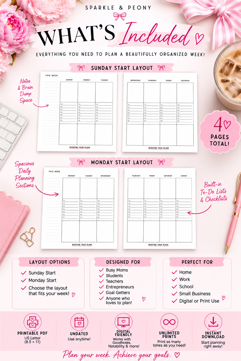 Weekly Checklist Planner Printable PDF | Undated Weekly Planner | Sunday & Monday Start | Instant Download