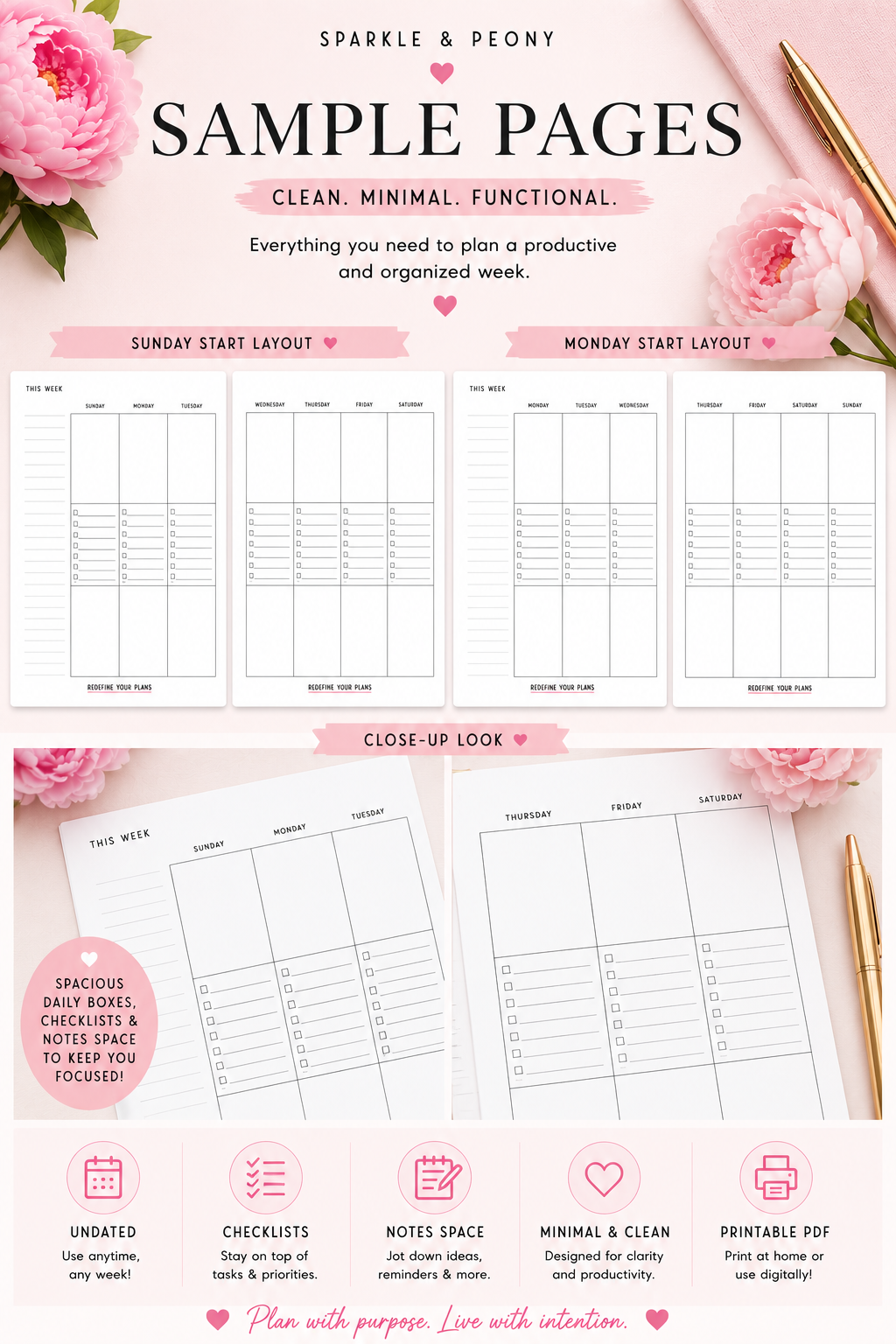 Weekly Checklist Planner Printable PDF | Undated Weekly Planner | Sunday & Monday Start | Instant Download