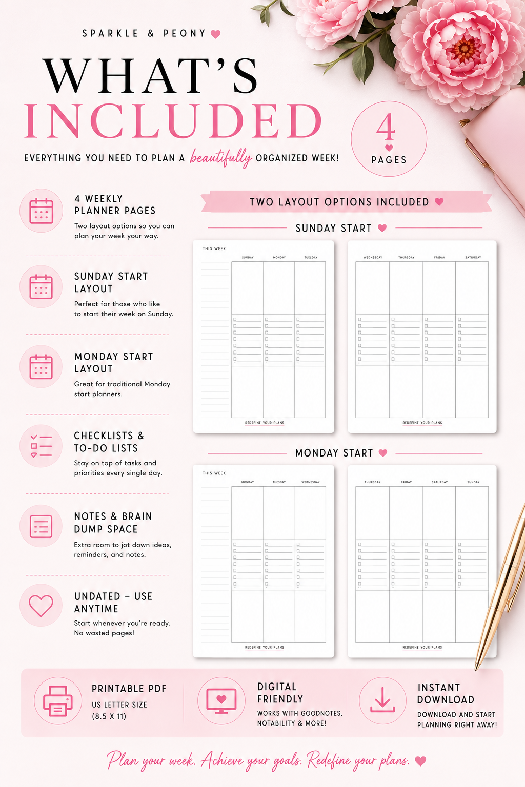 Weekly Checklist Planner Printable PDF | Undated Weekly Planner | Sunday & Monday Start | Instant Download