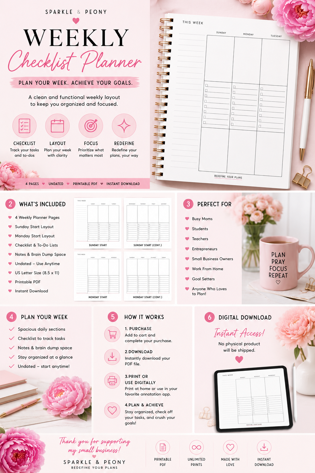 Weekly Checklist Planner Printable PDF | Undated Weekly Planner | Sunday & Monday Start | Instant Download