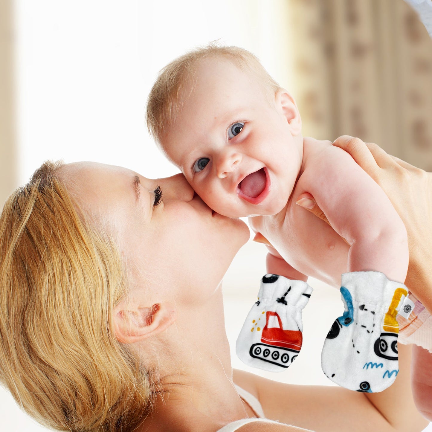 Stay-On Baby Mittens with Silicone Grip - Construction Trucks No Scratch Mittens for Newborns 0-6 Months