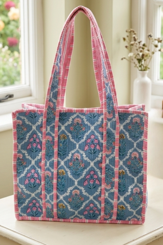 SC - Cottagecore Blue Floral Quilted Tote Bag