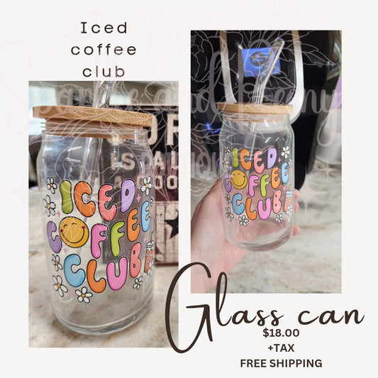 Iced coffee club- 16 oz glass can with bamboo lid made in WV- ships FREE