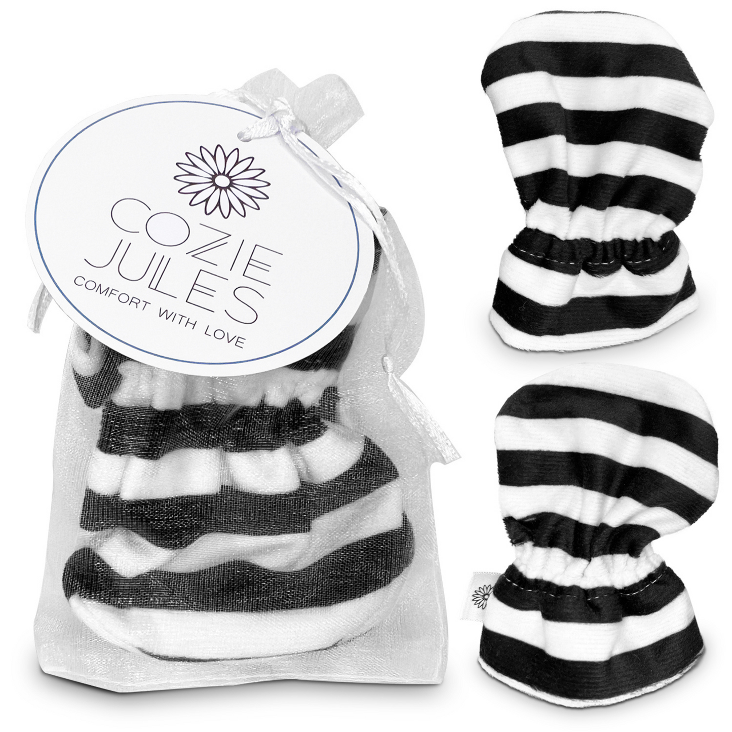 Stay-On Baby Mittens with Silicone Grip - Black & White Stripes No Scratch Mittens for Newborns 0-6 Months