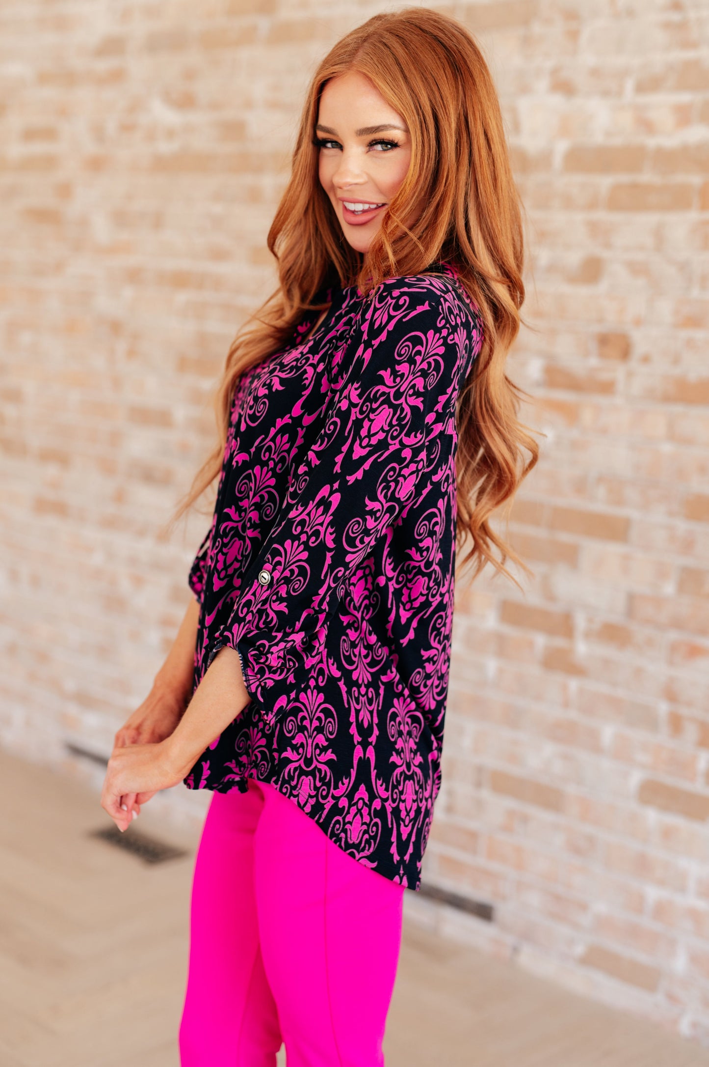 Lizzy Top in Navy and Hot Pink Damask