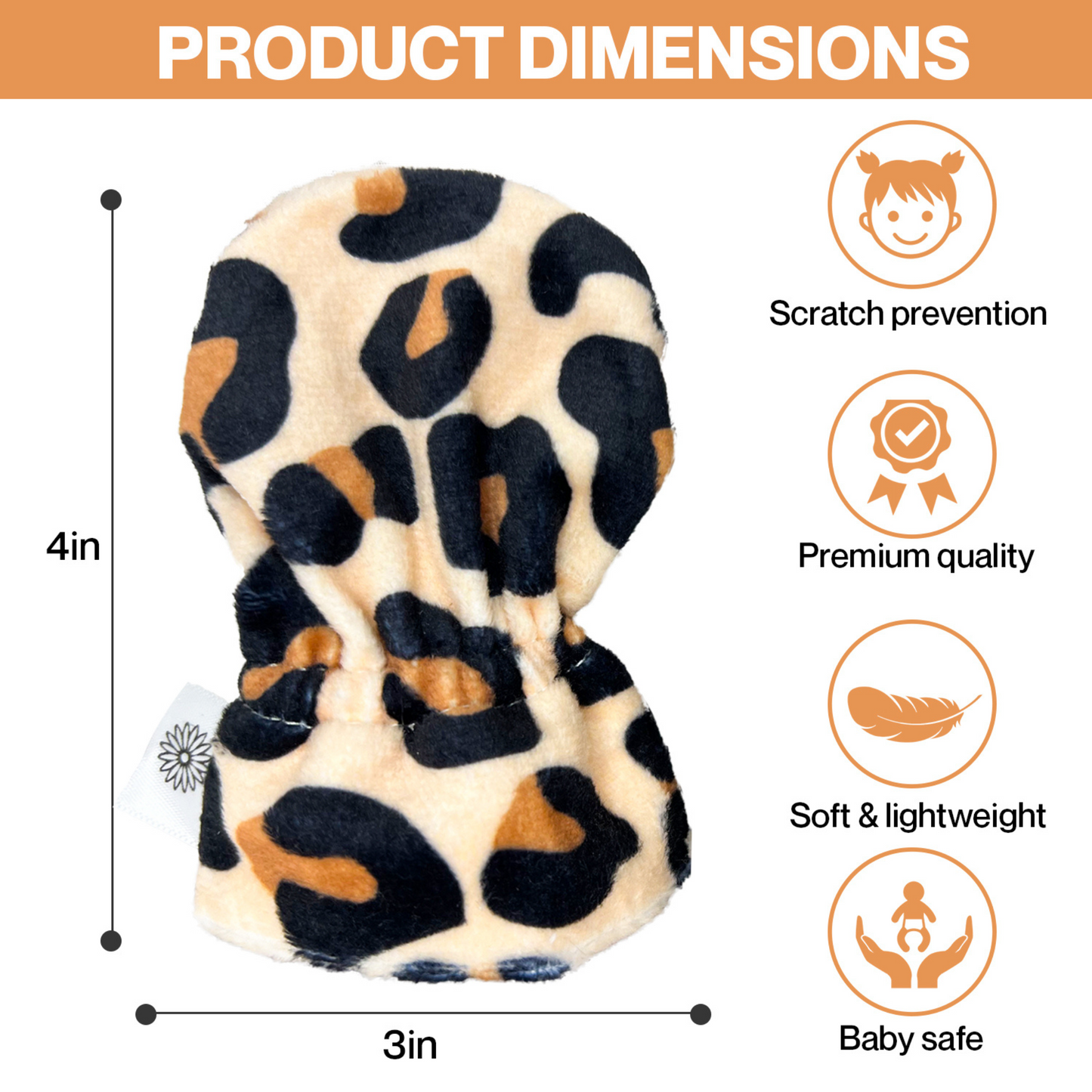Stay-On Baby Mittens with Silicone Grip - Cheetah No Scratch Mittens for Newborns 0-6 Months