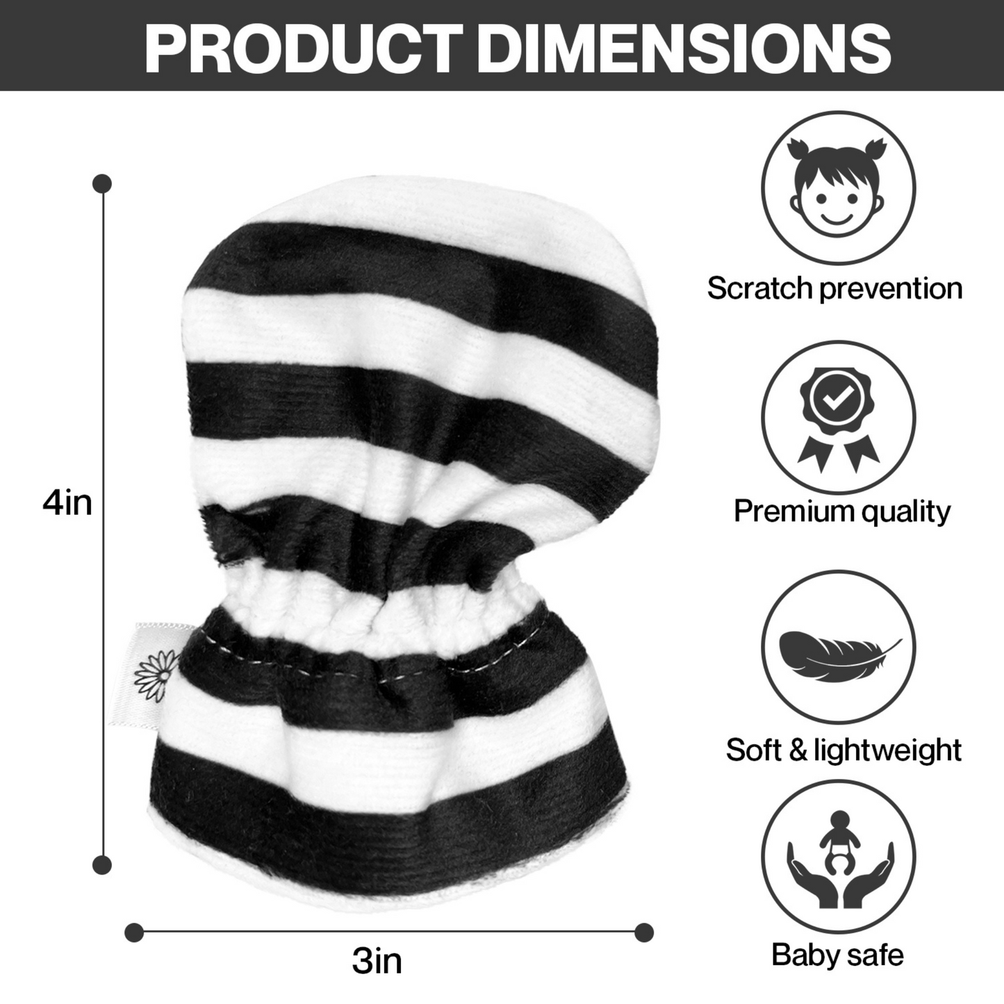 Stay-On Baby Mittens with Silicone Grip - Black & White Stripes No Scratch Mittens for Newborns 0-6 Months
