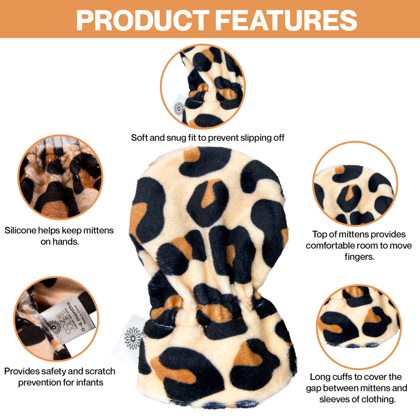 Stay-On Baby Mittens with Silicone Grip - Cheetah No Scratch Mittens for Newborns 0-6 Months