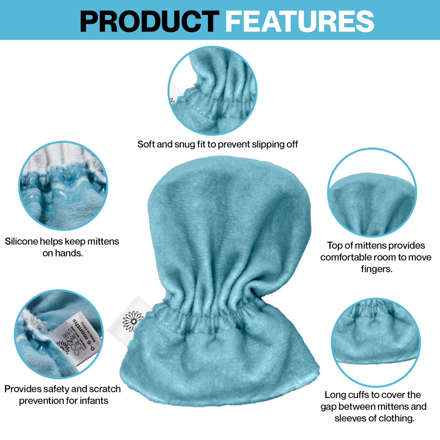Stay-On Baby Mittens with Silicone Grip - Canal Blue No Scratch Mittens for Newborns 0-6 Months