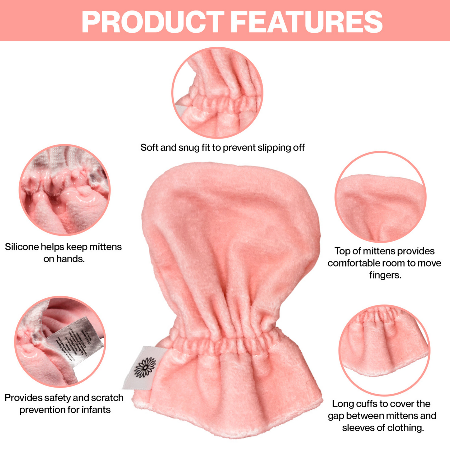 Stay-On Baby Mittens with Silicone Grip - Crystal Rose No Scratch Mittens for Newborns 0-6 Months