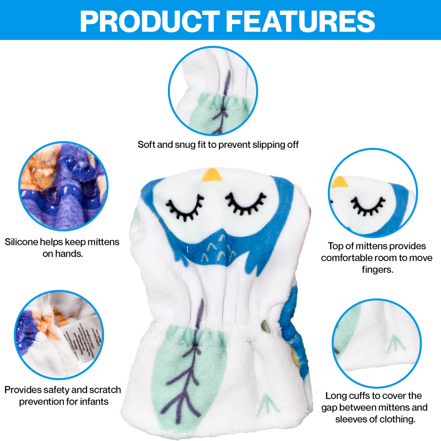 Stay-On Baby Mittens with Silicone Grip - Owls No Scratch Mittens for Newborns 0-6 Months