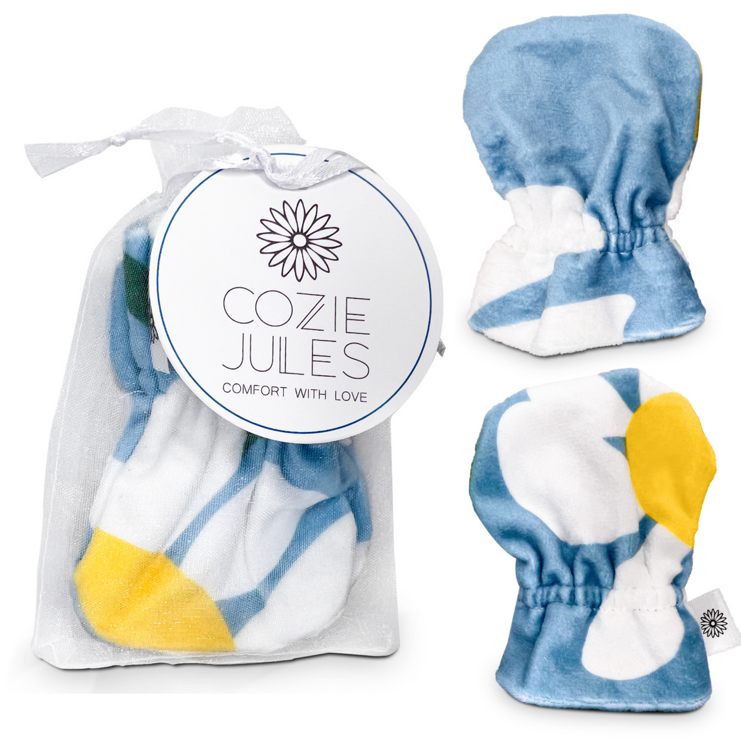 Stay-On Baby Mittens with Silicone Grip - White Daisies No Scratch Mittens for Newborns 0-6 Months
