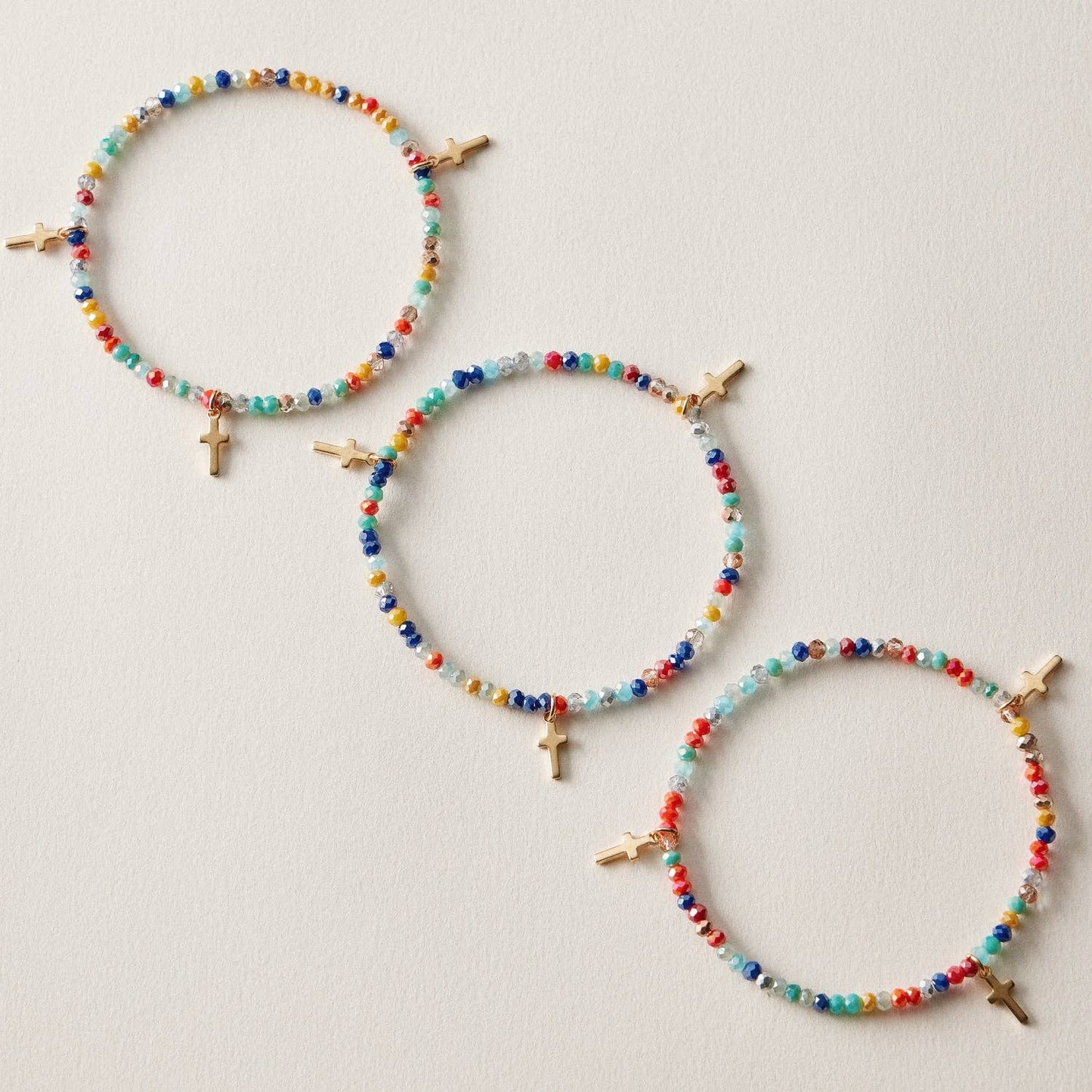 Gold Cross Charm Crystal Stretch Bracelet Stack Set