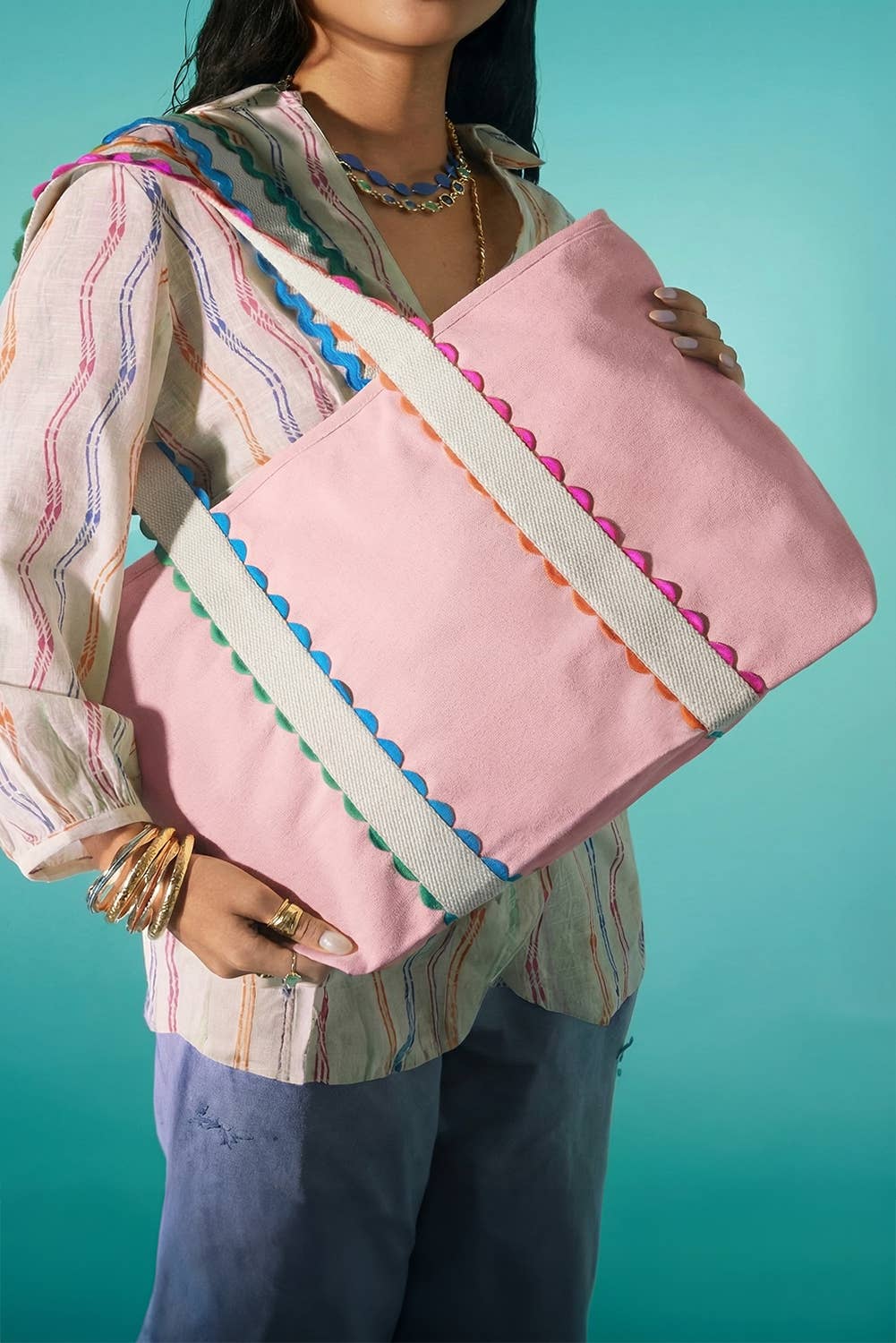 66 Colorful Ricrac-Trimmed Canvas Everyday Tote Bag