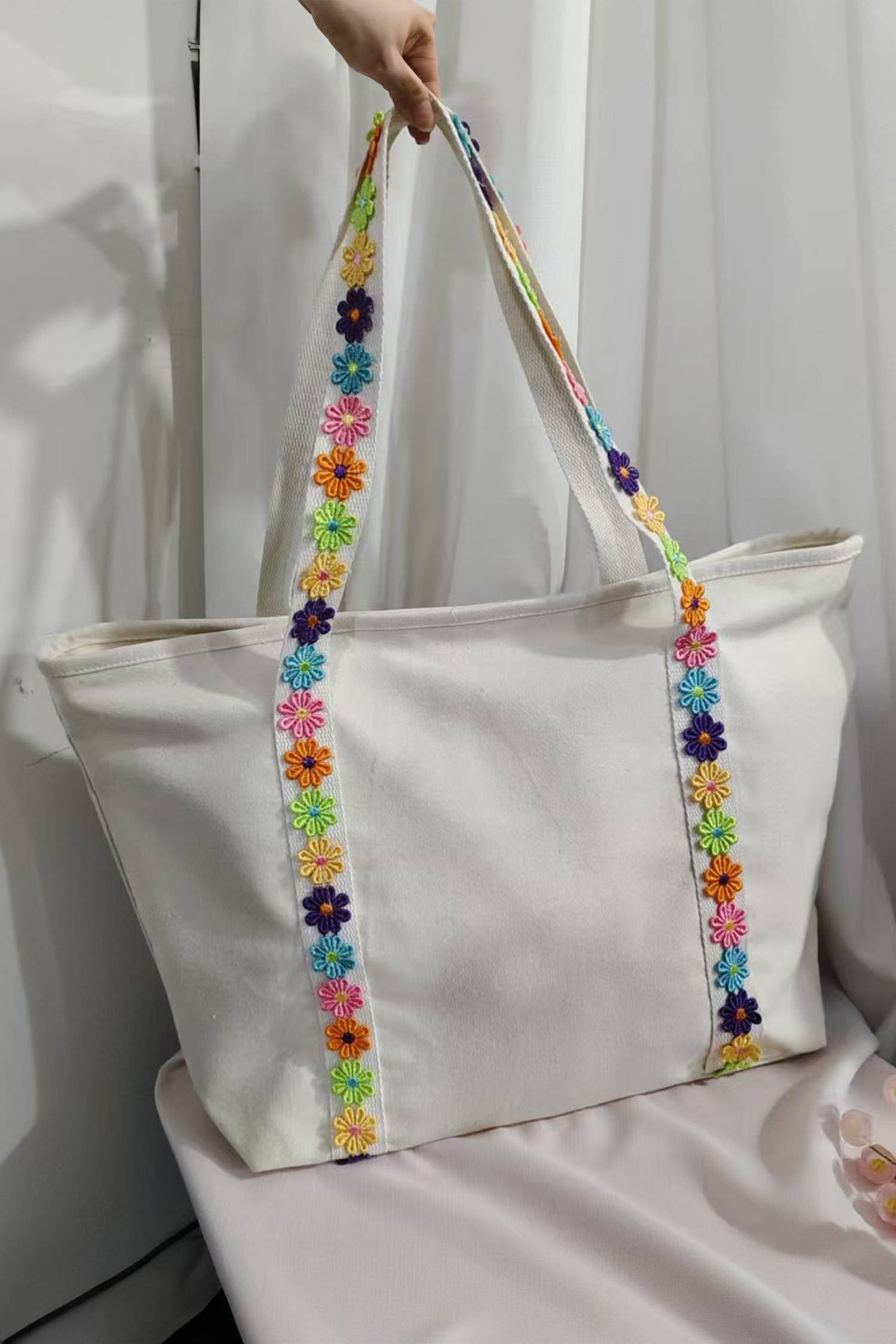 66 Colorful Ricrac-Trimmed Canvas Everyday Tote Bag