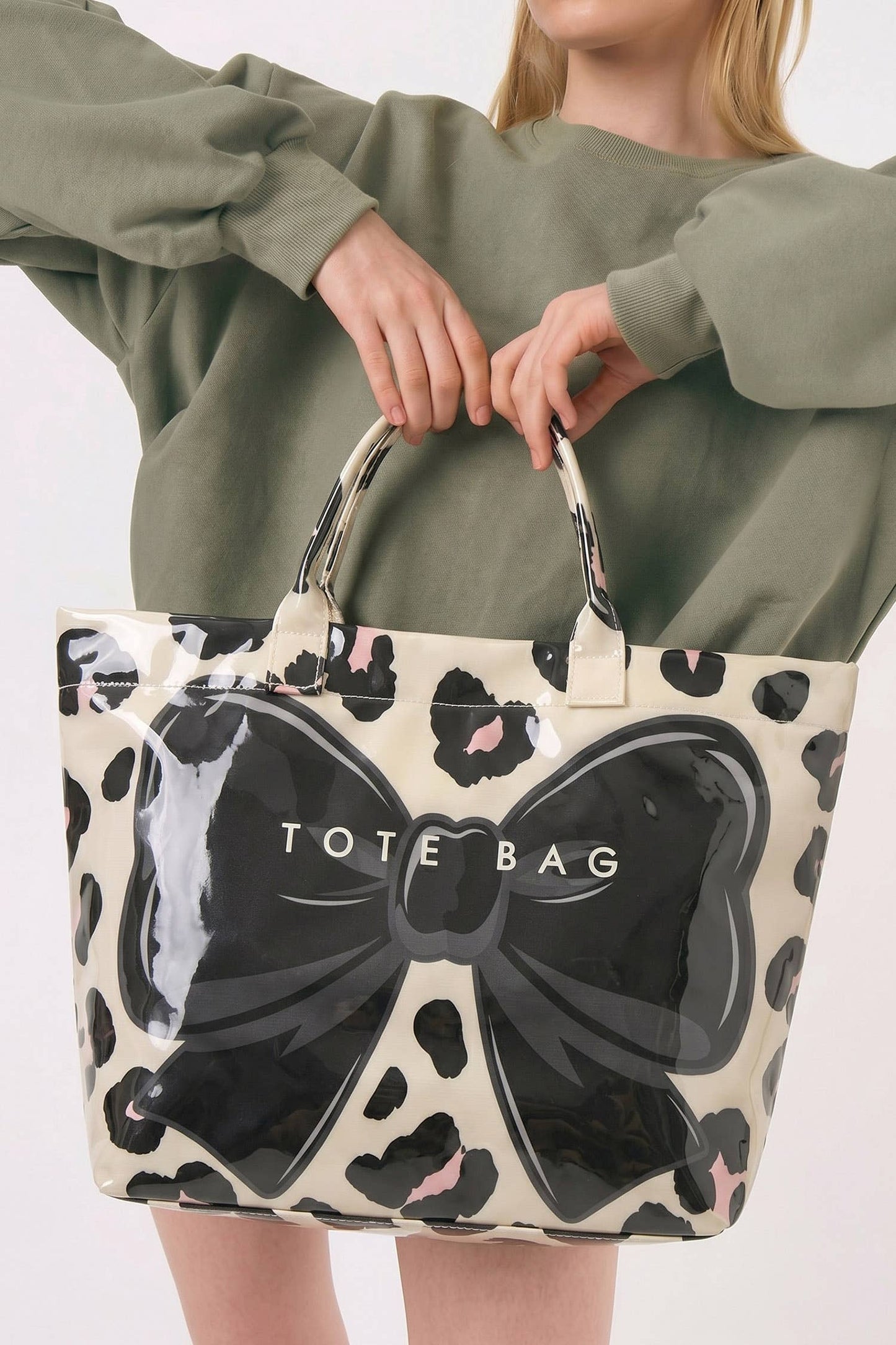 66 Sweet Bow Leopard Print Sleek PVC Tote Bag Gifts