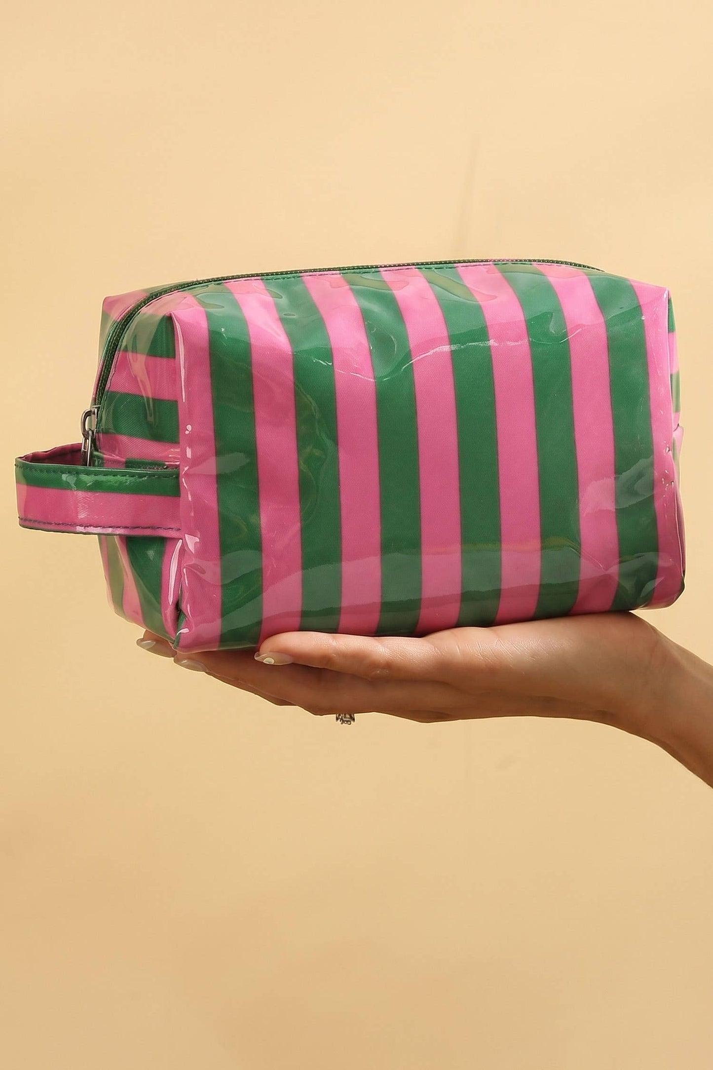 Striped Cosmetic Bag Durable Zipper Handle Travel Organizer