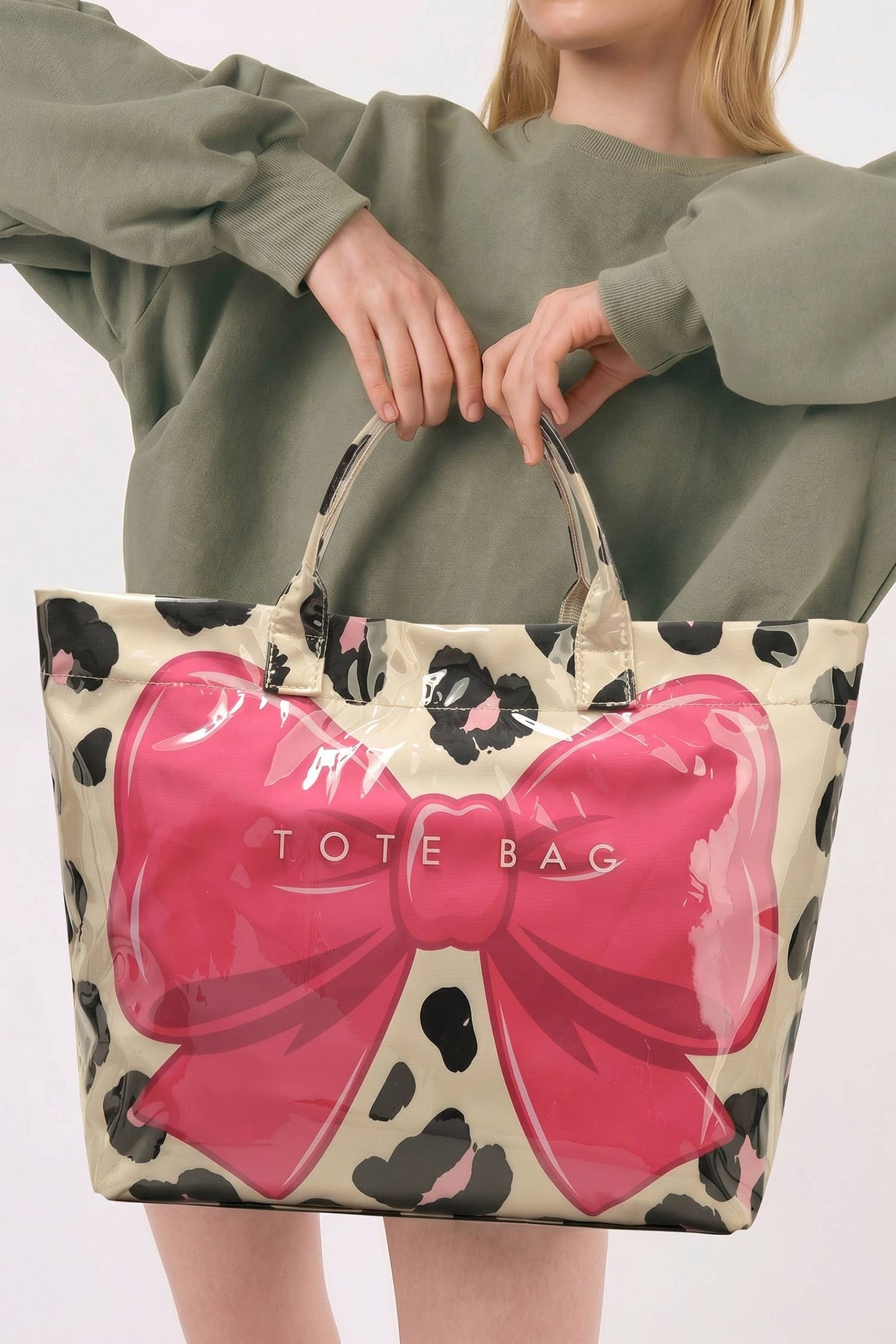 66 Sweet Bow Leopard Print Sleek PVC Tote Bag Gifts