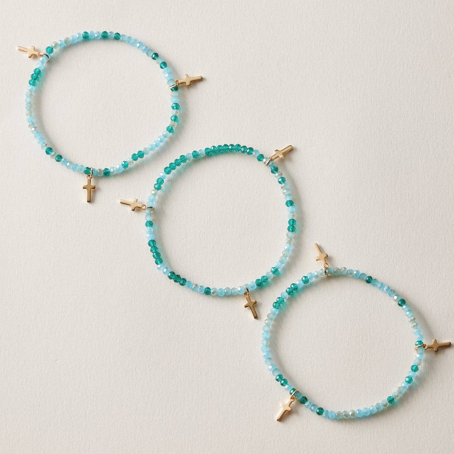 Gold Cross Charm Crystal Stretch Bracelet Stack Set