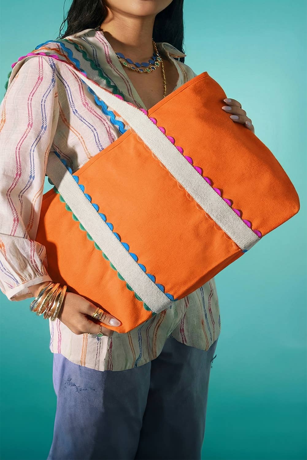 66 Colorful Ricrac-Trimmed Canvas Everyday Tote Bag