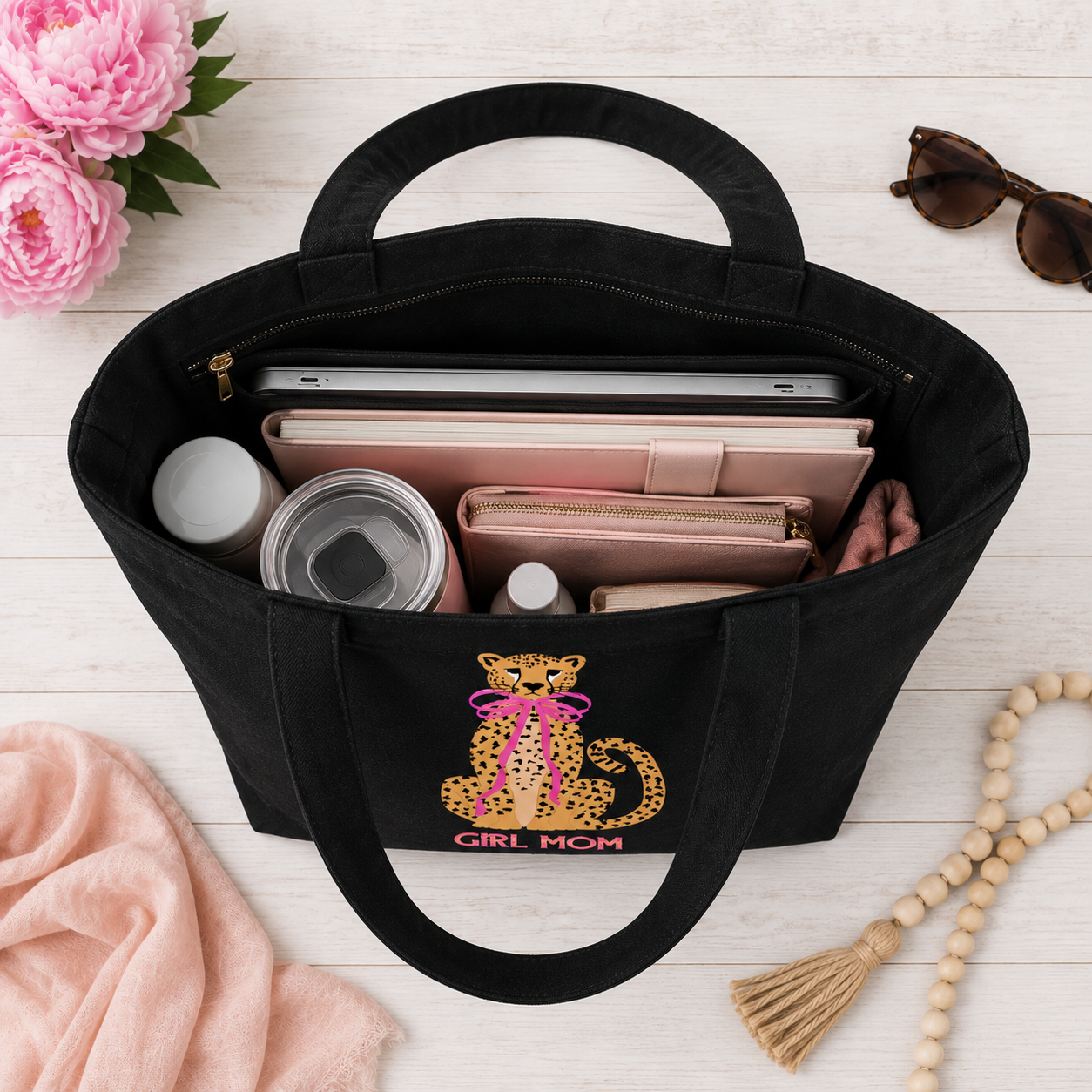 Girl Mom Tote Bag | Leopard Bow Canvas Tote for Moms