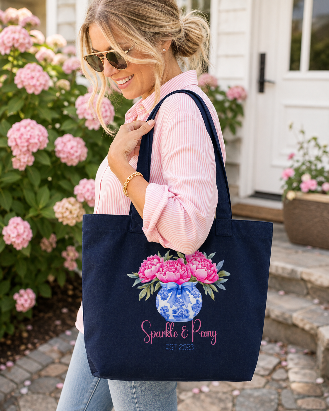 Sparkle & Peony Floral Tote Bag | Navy Canvas Everyday Tote