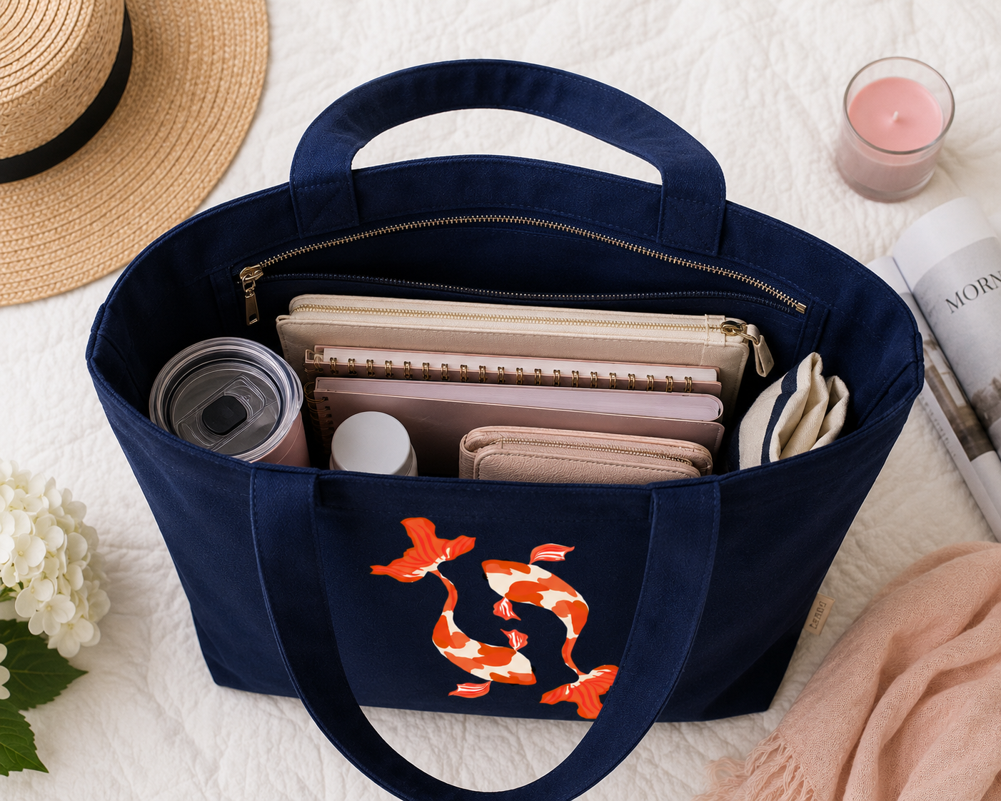 Navy Koi Fish Tote Bag | Orange & White Canvas Shoulder Tote