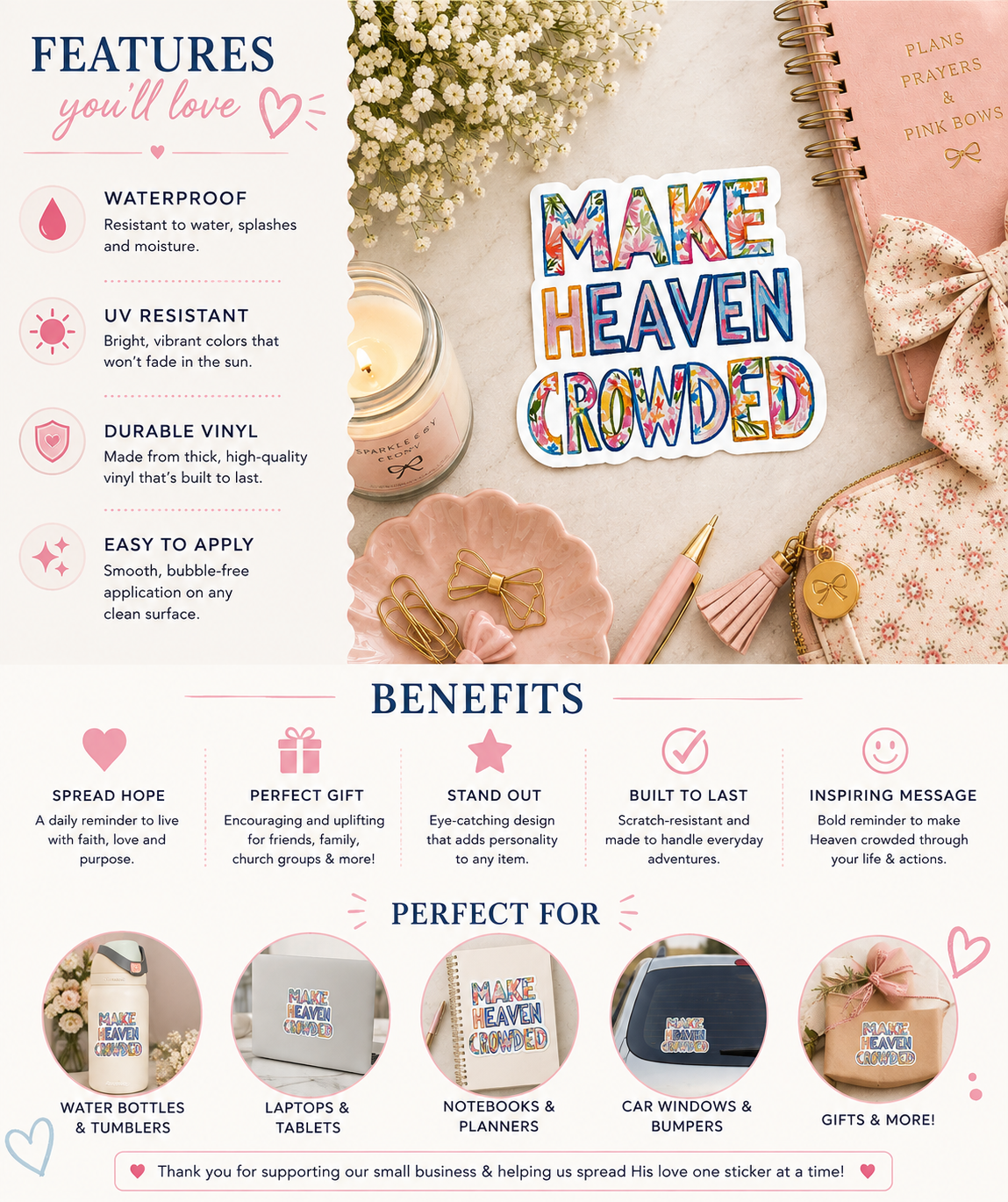Make Heaven Crowded Sticker | Floral Christian Sticker | Faith Based Vinyl Sticker