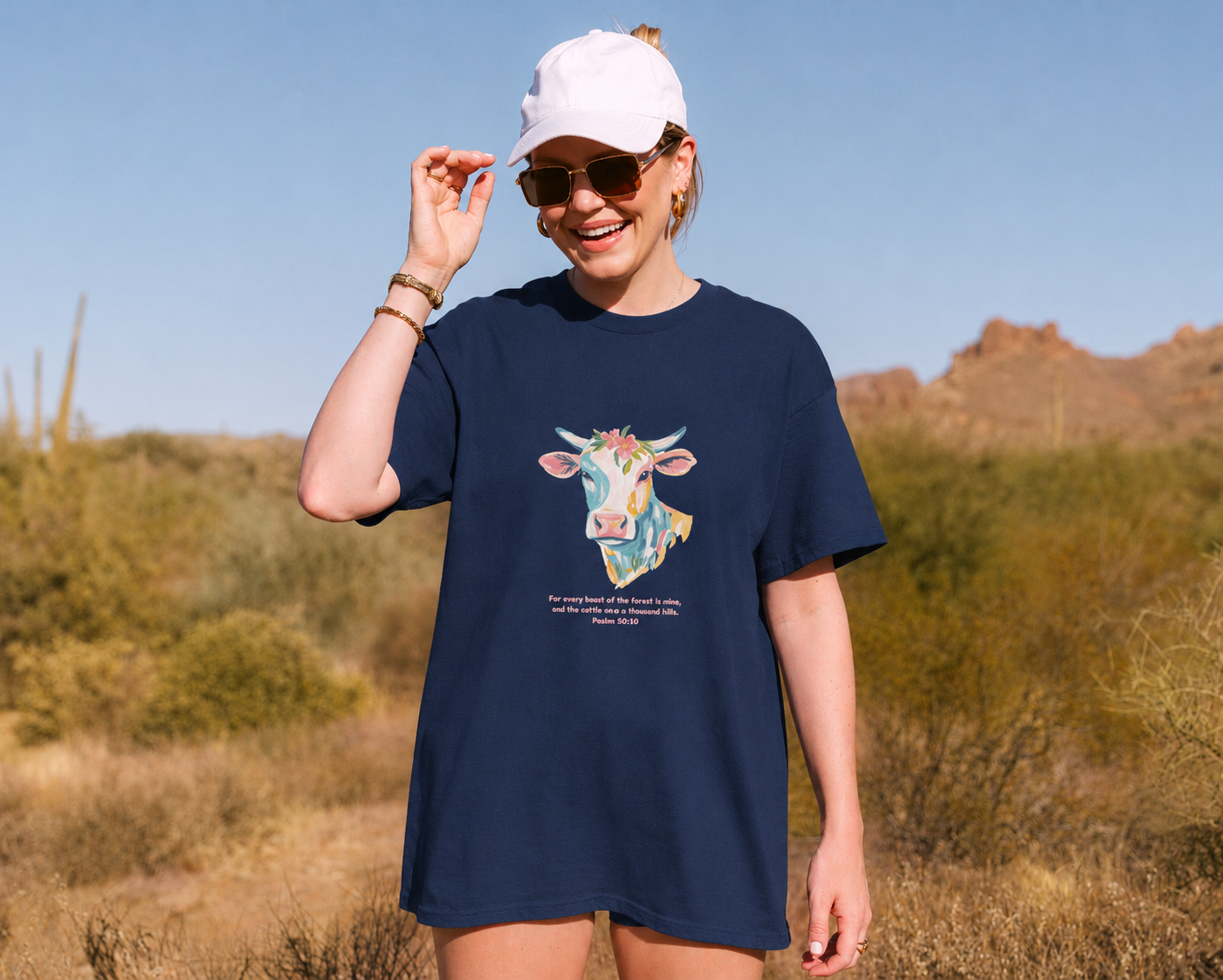 Floral Cow Christian Graphic Tee | Psalm 50:10 Faith Shirt | Western Christian T-Shirt