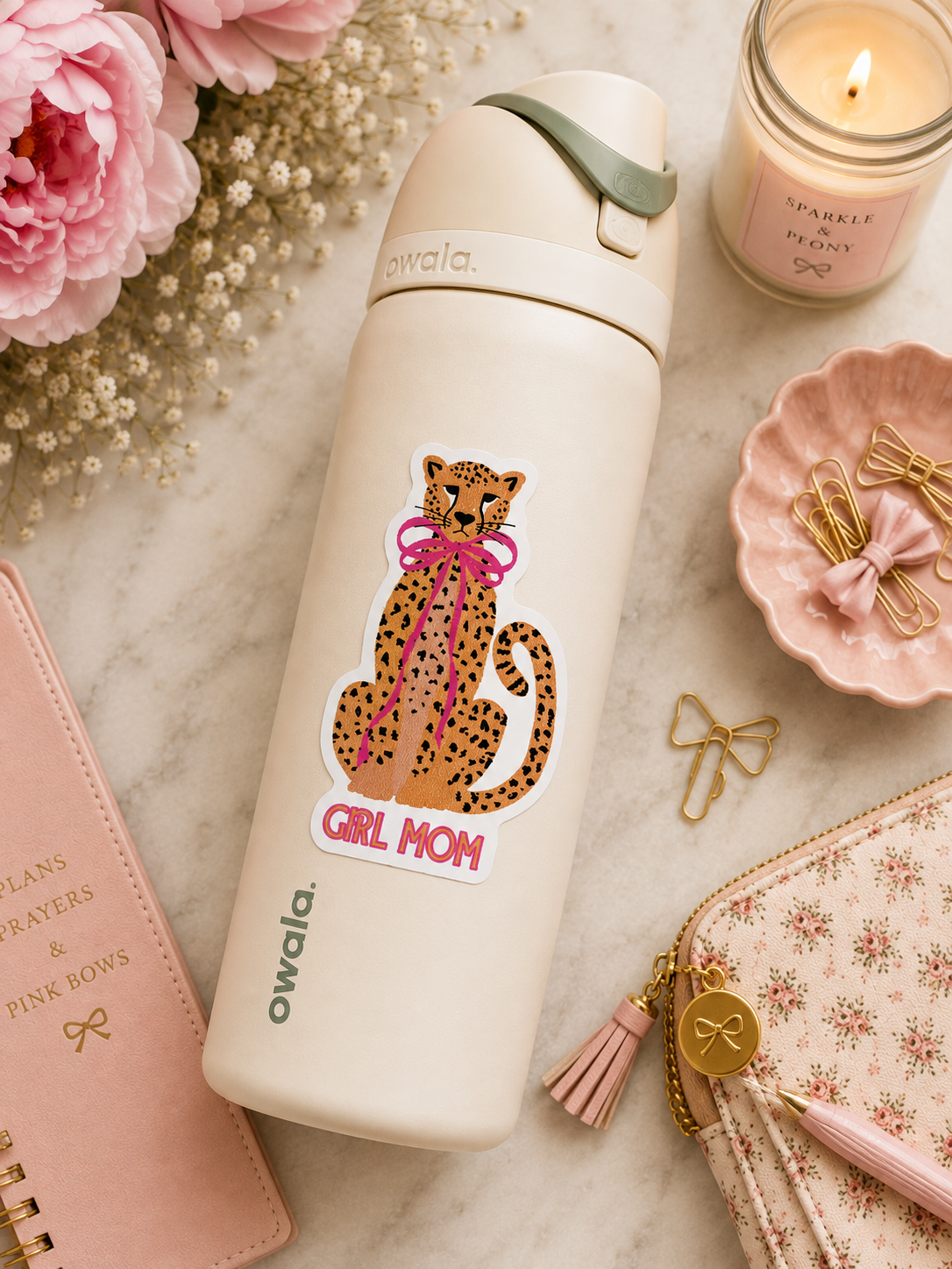 Girl Mom Leopard Sticker | Cute Pink Bow Mama Vinyl Sticker | Mom Life Sticker