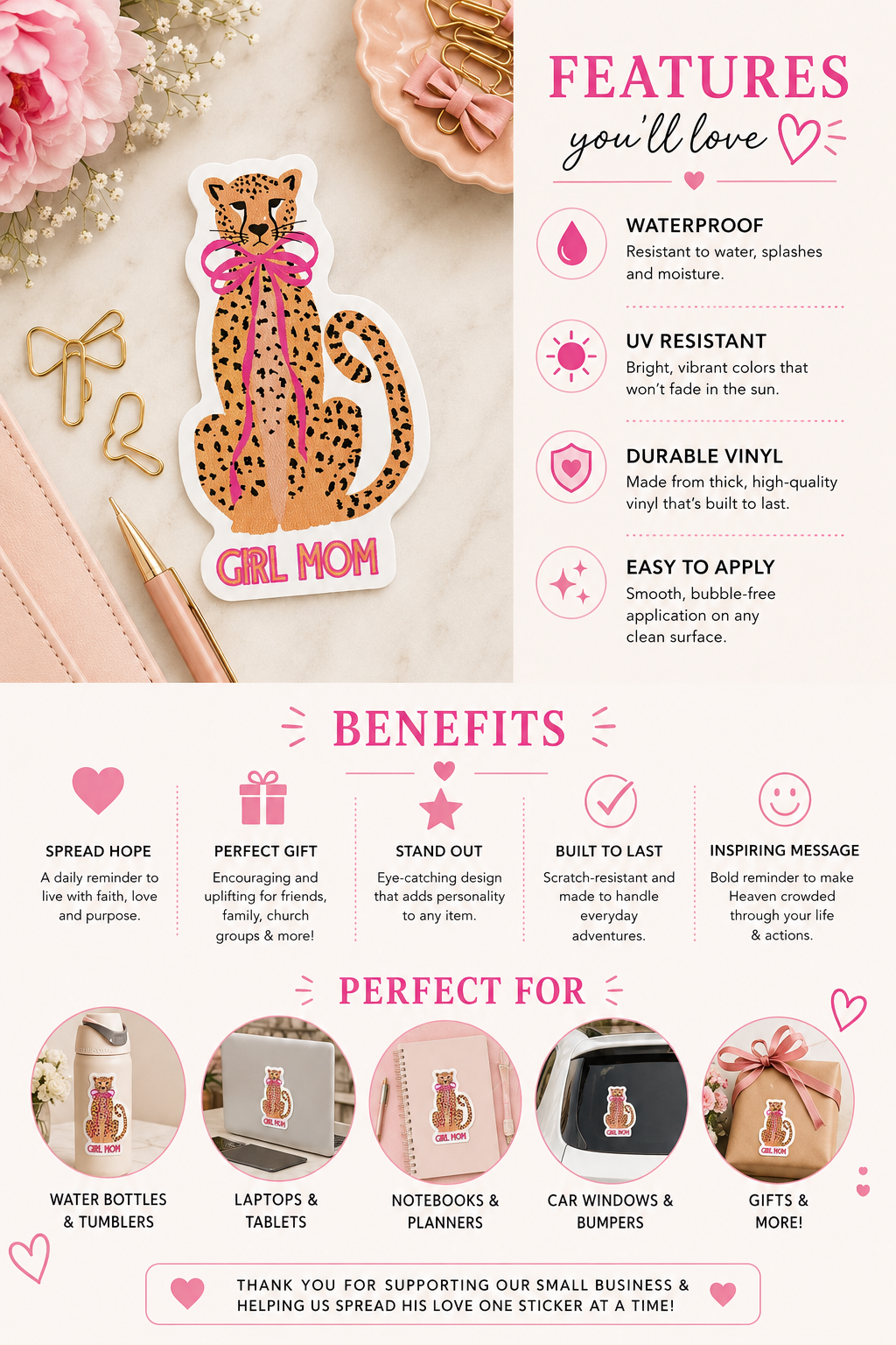 Girl Mom Leopard Sticker | Cute Pink Bow Mama Vinyl Sticker | Mom Life Sticker