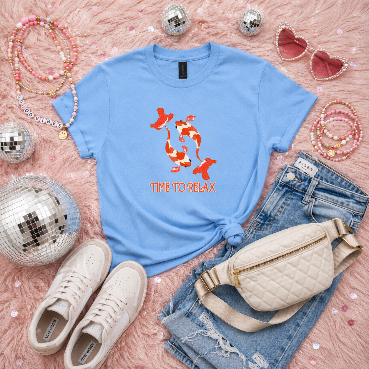 Time to Relax Koi Fish Graphic Tee | Cute Relaxation Shirt | Light Blue Gildan heavy cotton T-Shirt