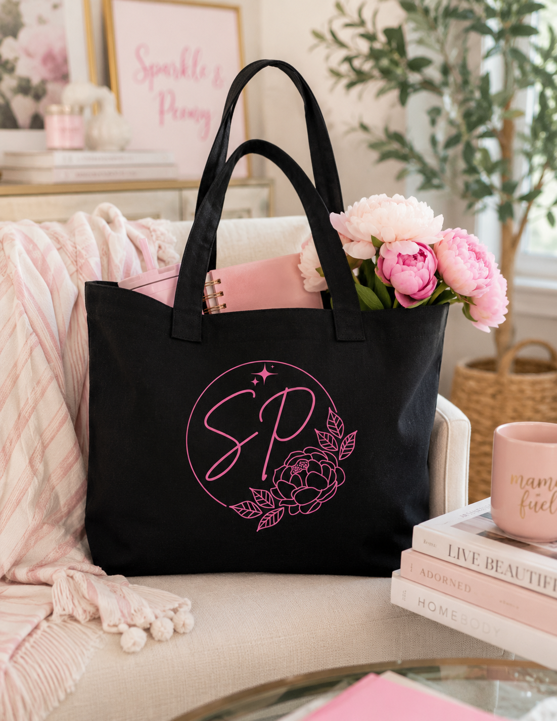 Sparkle & Peony Floral Tote Bag | Black Canvas Everyday Tote