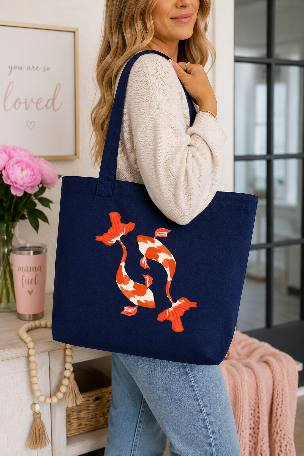 Navy Koi Fish Tote Bag | Orange & White Canvas Shoulder Tote