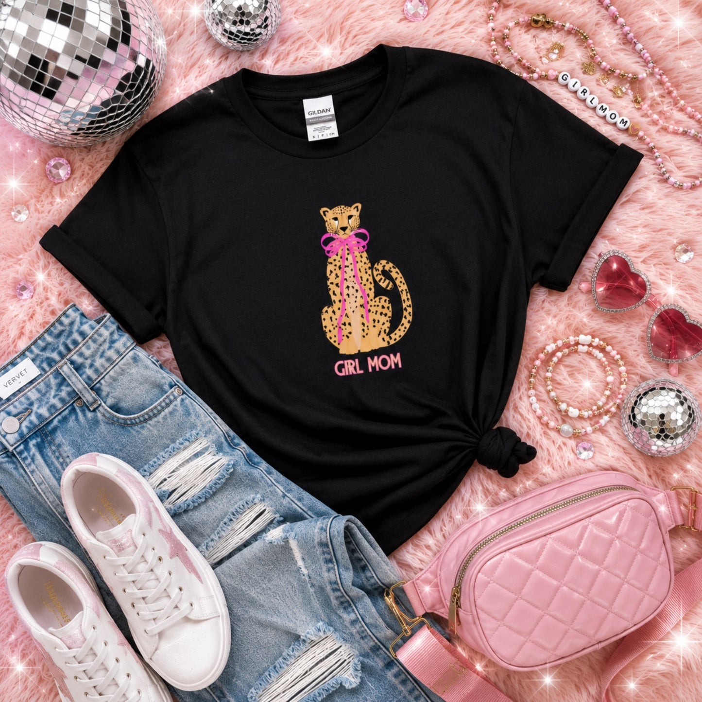 Girl Mom Leopard Bow Graphic Tee | Cute Mom Shirt | Black Gildan Softstyle Unisex T-Shirt