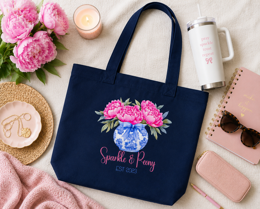 Sparkle & Peony Floral Tote Bag | Navy Canvas Everyday Tote