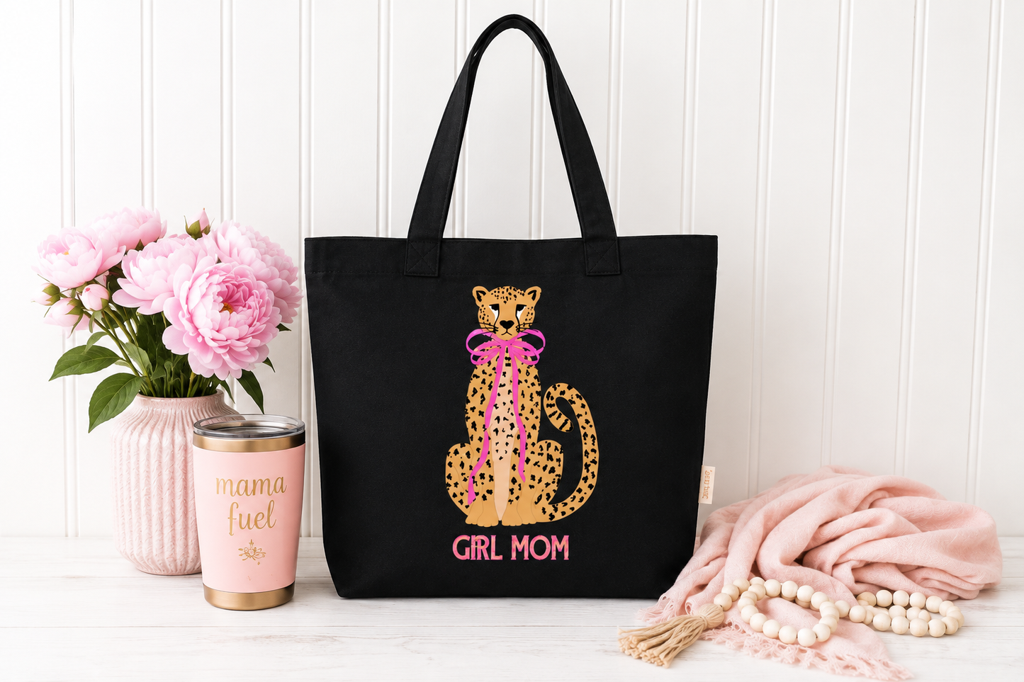Girl Mom Tote Bag | Leopard Bow Canvas Tote for Moms