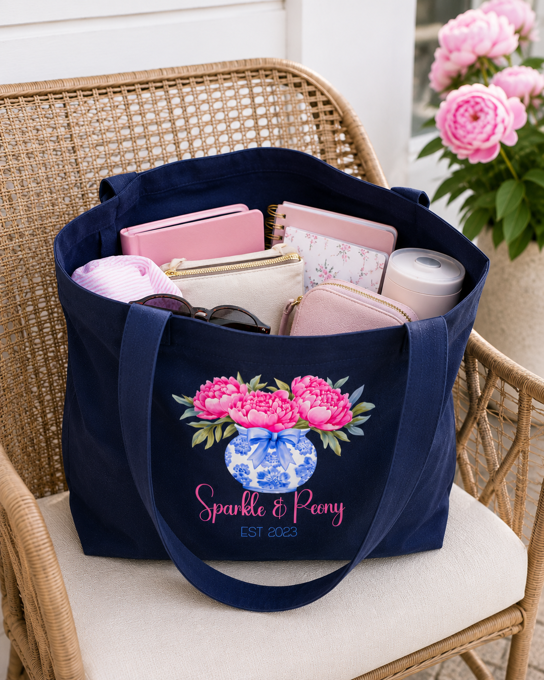 Sparkle & Peony Floral Tote Bag | Navy Canvas Everyday Tote