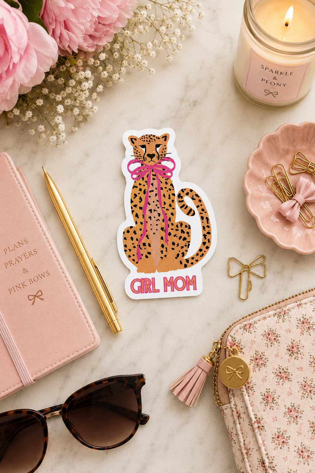 Girl Mom Leopard Sticker | Cute Pink Bow Mama Vinyl Sticker | Mom Life Sticker